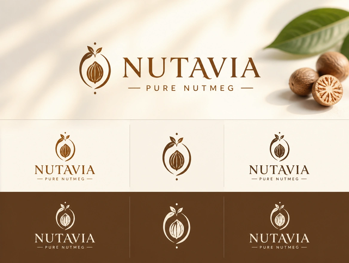 A sheet showing a nutmeg brand logo in wide, stacked, icon-only, one-colour and reversed versions