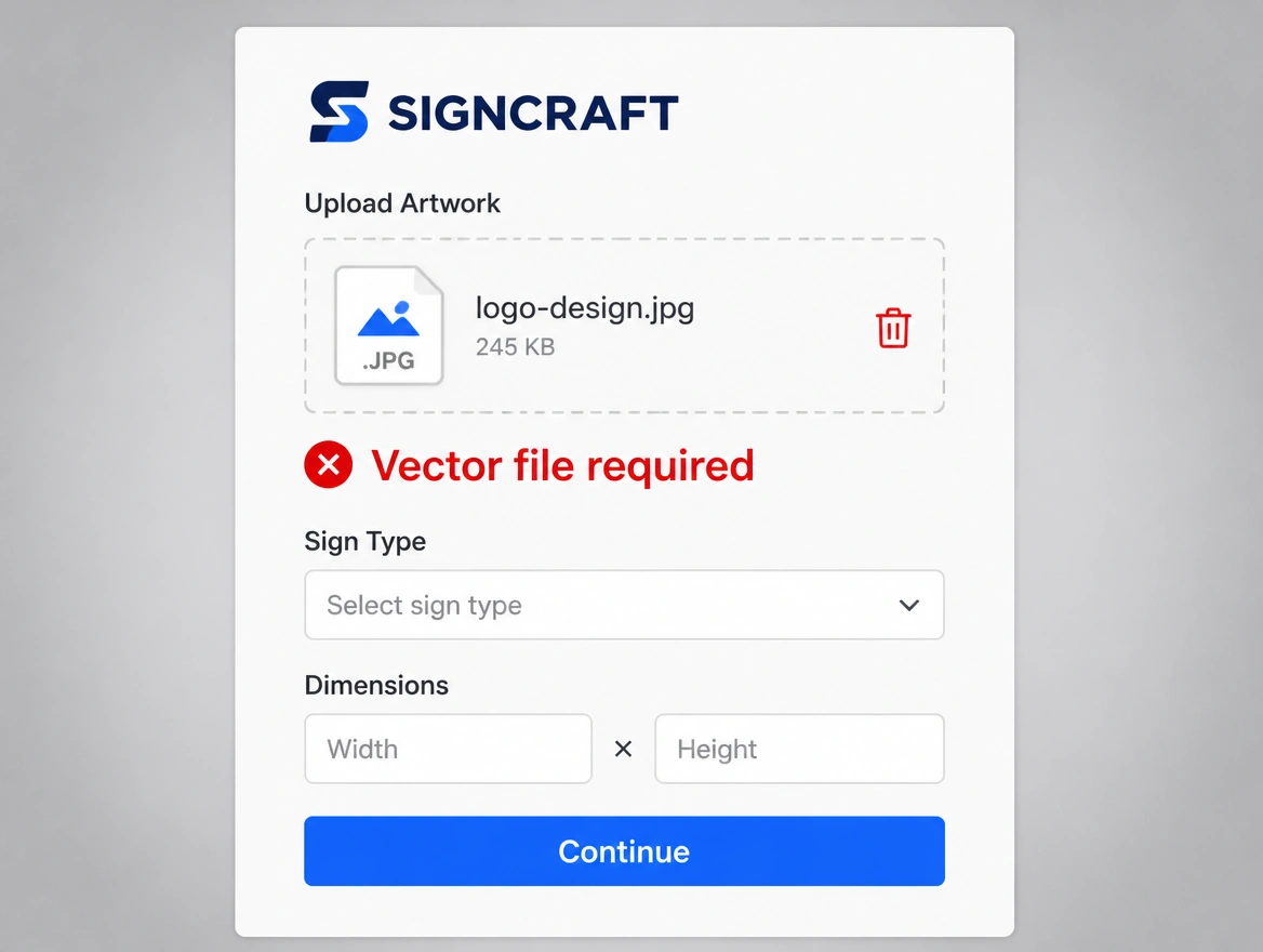 A sign maker's order form rejecting a JPEG upload, Vector file required printed in red