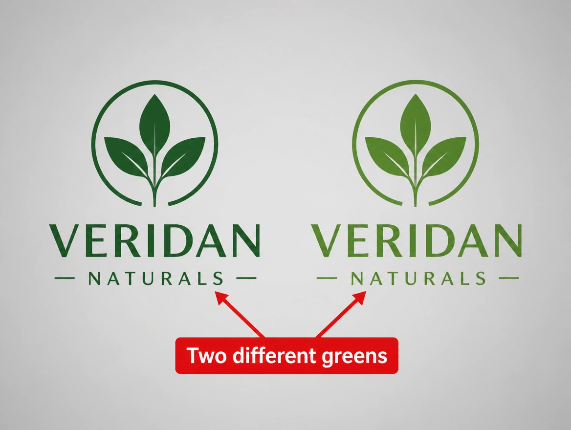 The same logo printed twice in two different greens, the mismatch arrowed in red