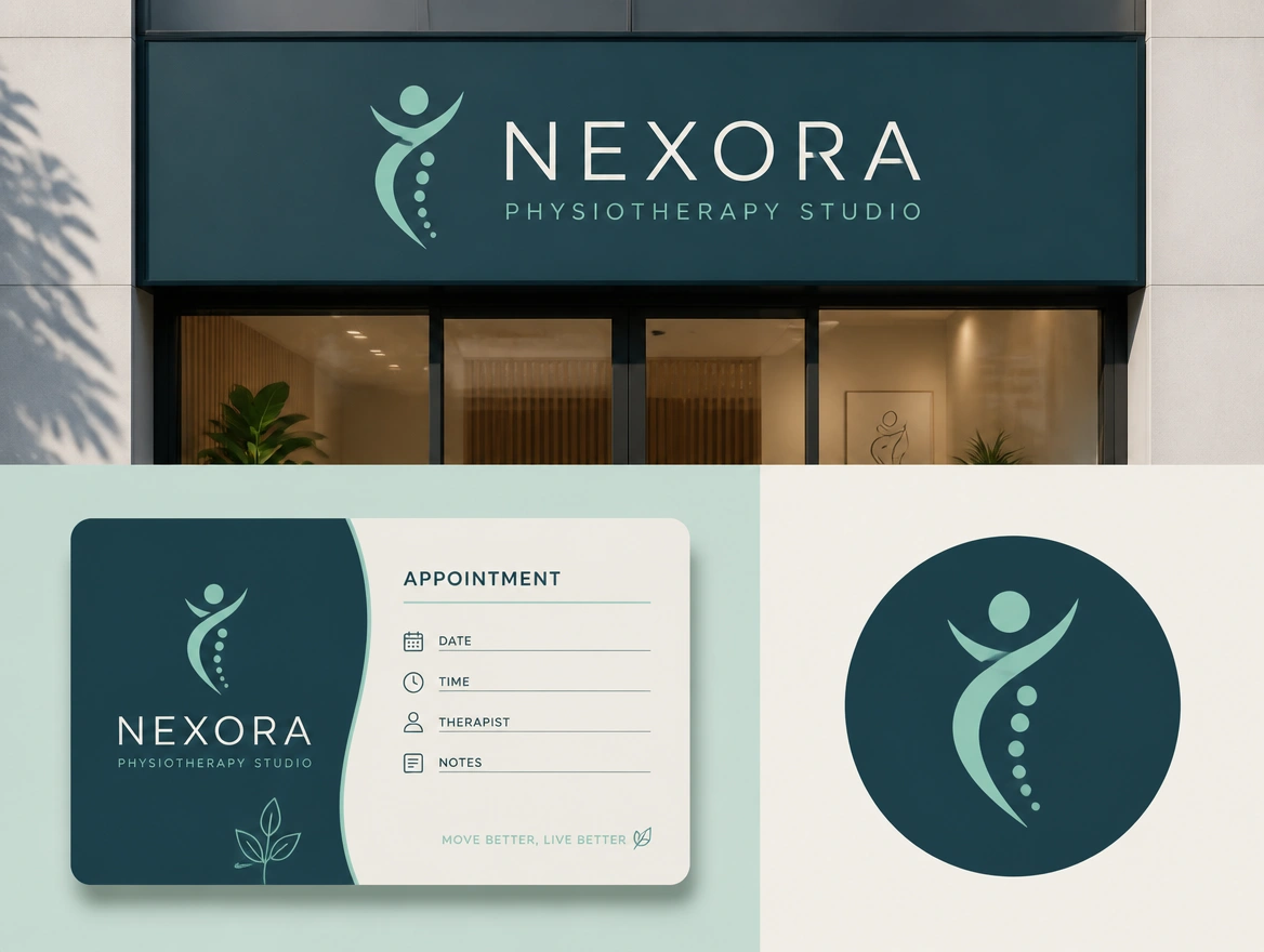 A physiotherapy studio logo presentation board showing the logo on a shop front, a card and a chat profile
