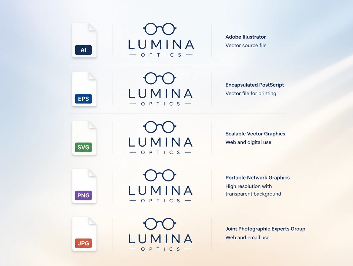 A folder of logo files for an optician named by format and use beside the logo