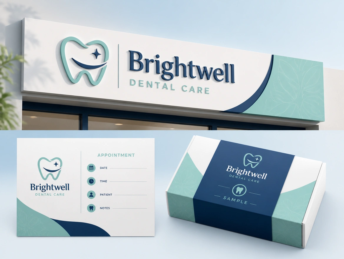 A sign proof, an appointment card and a label proof for one business laid out together