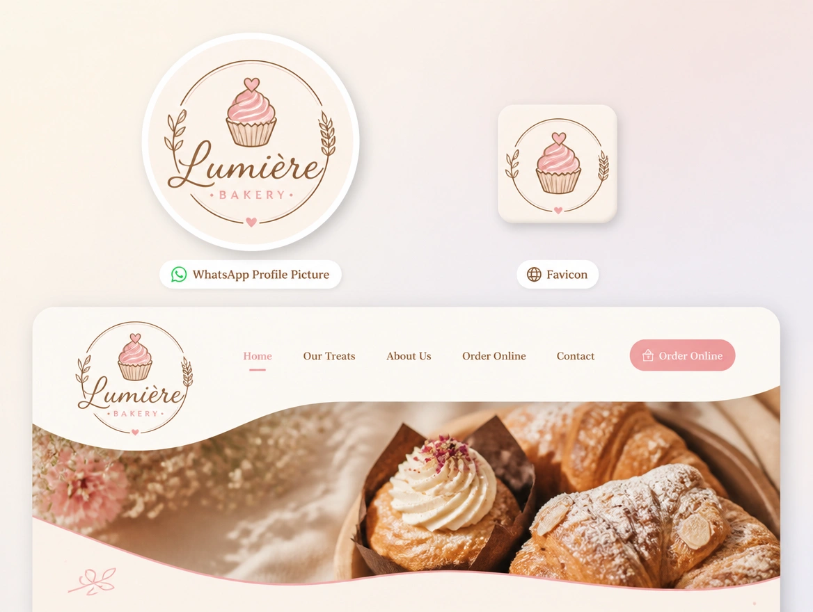 A round WhatsApp profile picture, a favicon and a website header for a bakery sharing one logo