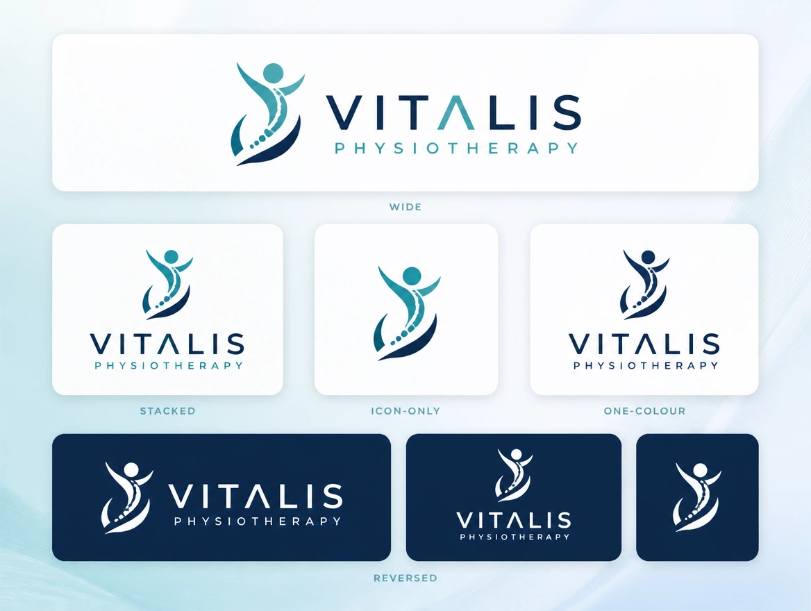 A sheet showing a physiotherapy clinic logo in wide, stacked, icon-only, one-colour and reversed versions