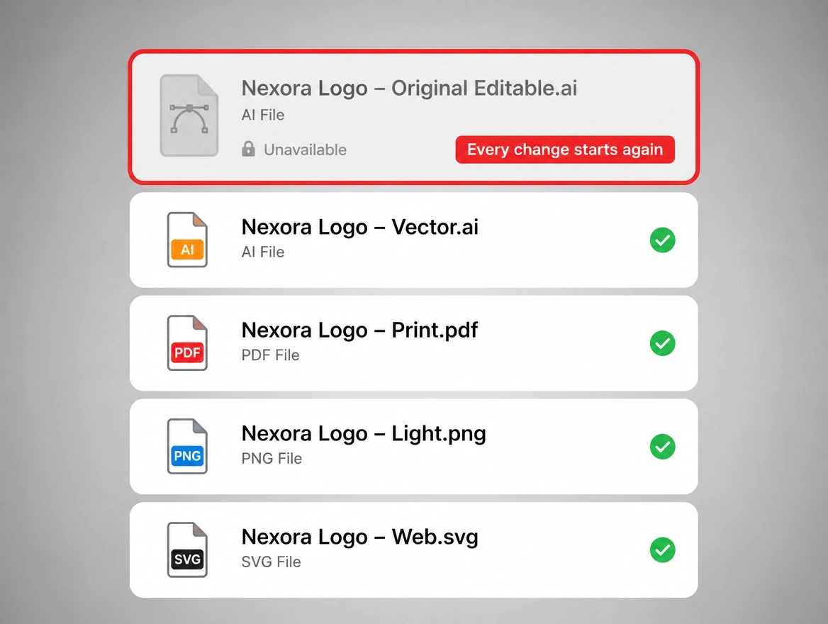 A logo file list with the editable original greyed out and unavailable, ringed in red