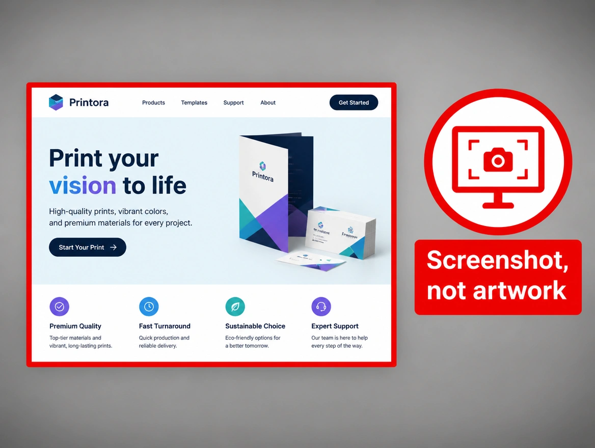 A print job built from a website screenshot instead of artwork, ringed in red