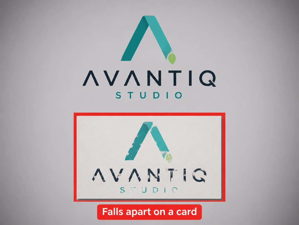 One logo working at full size and falling apart on a printed card, the card ringed in red