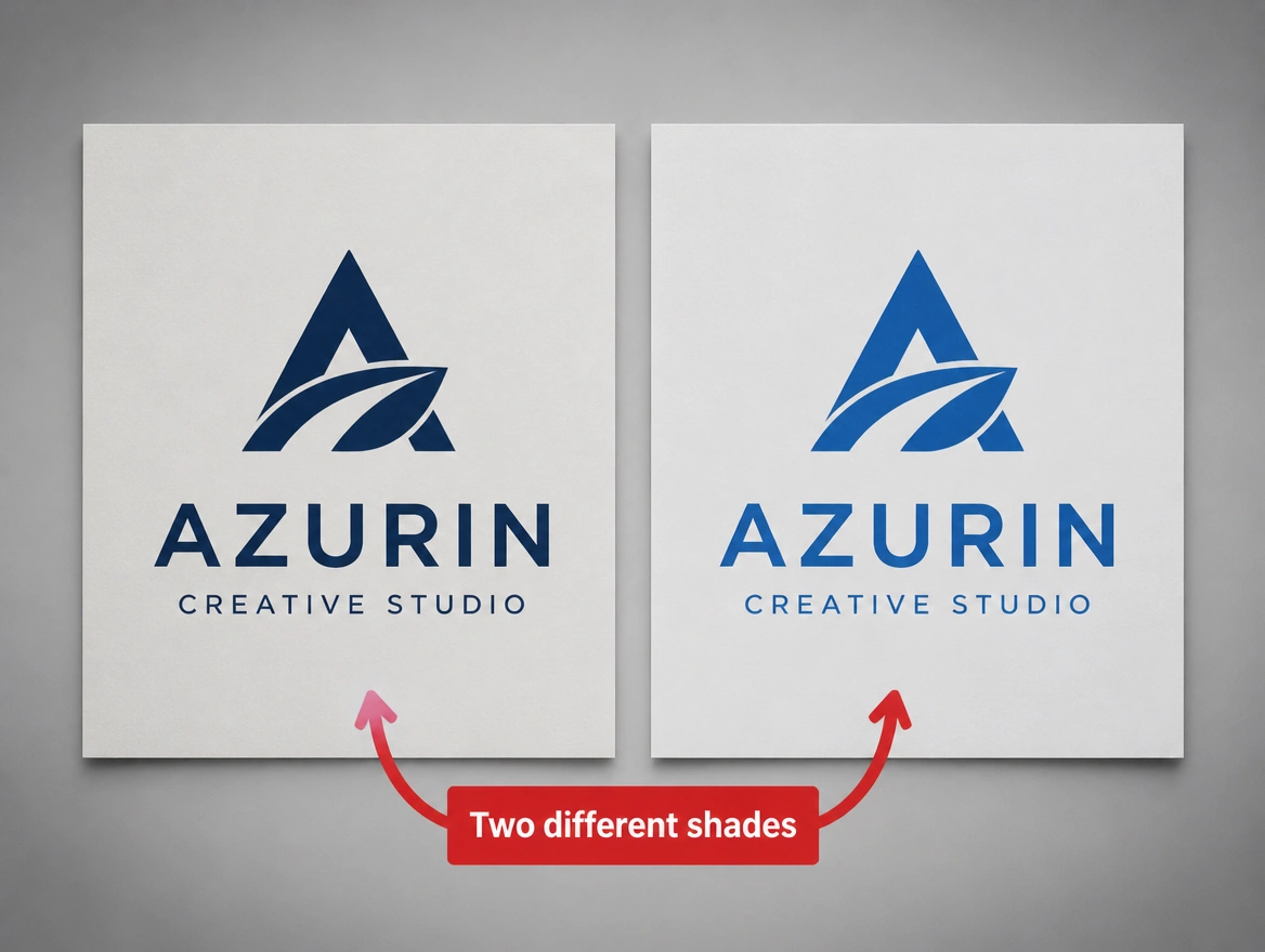 Two print jobs of one logo returned in two different shades, arrowed in red