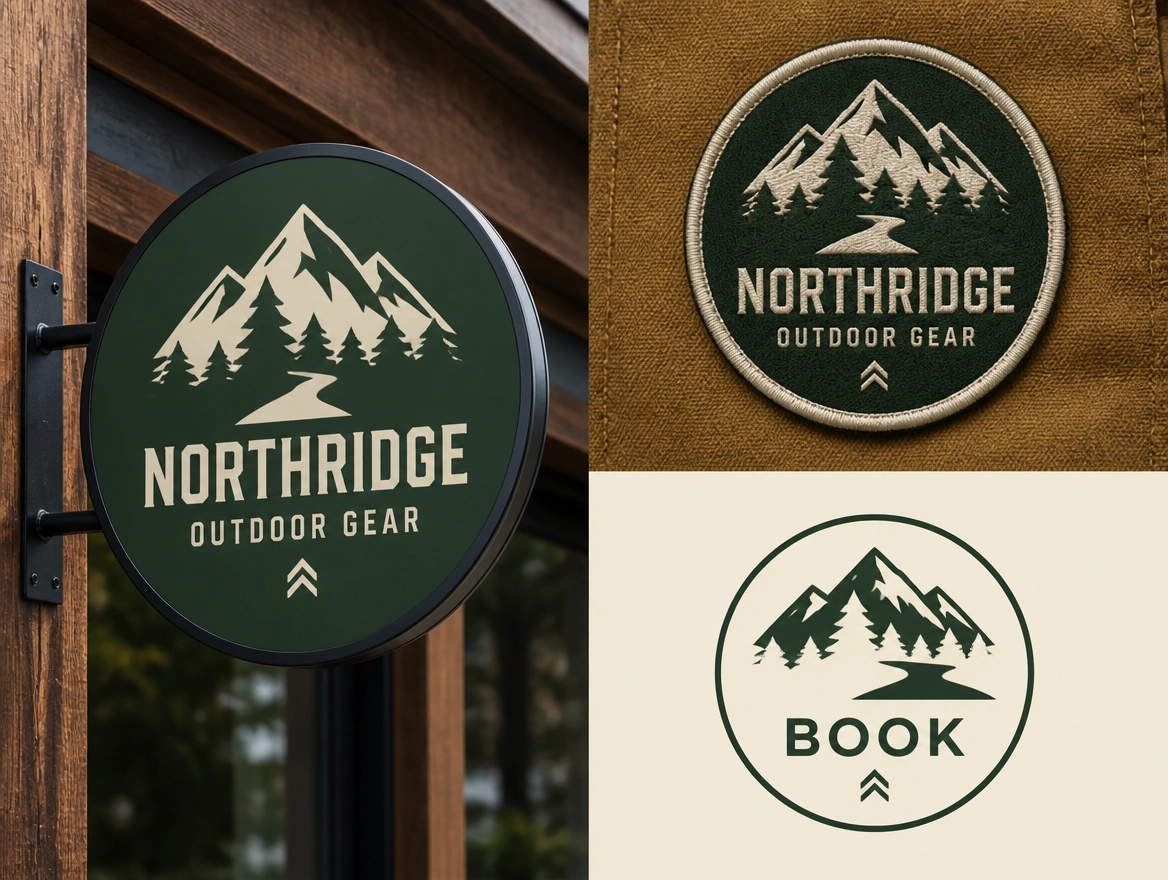 An outdoor gear brand logo presentation board showing the logo on a sign, a patch and a booking icon
