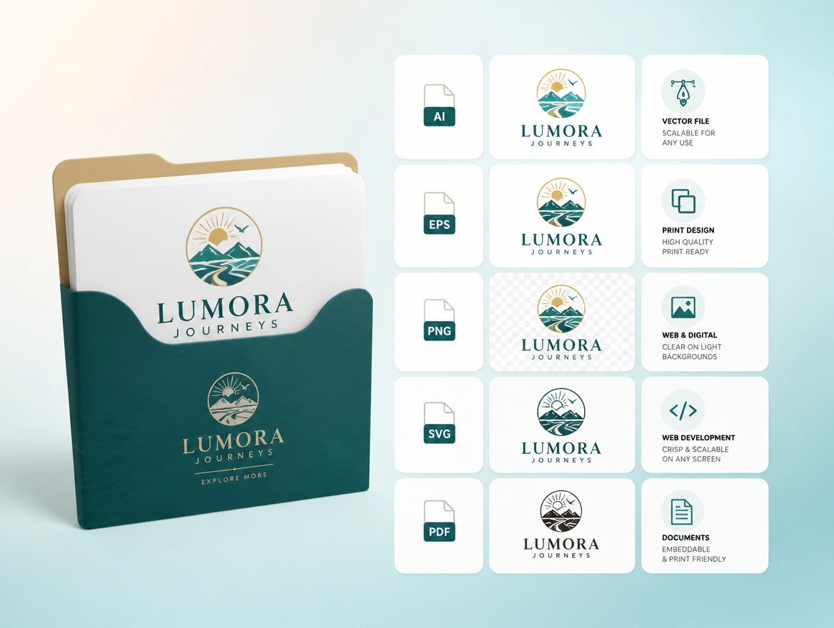 A folder of logo files for a tour agency named by format and use beside the logo