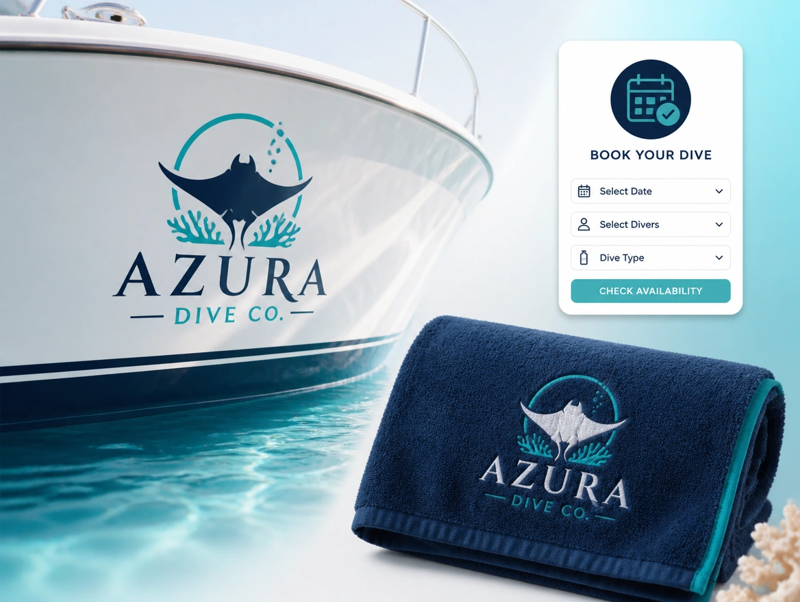 One logo shown applied outdoors, stitched on fabric and as a booking page icon