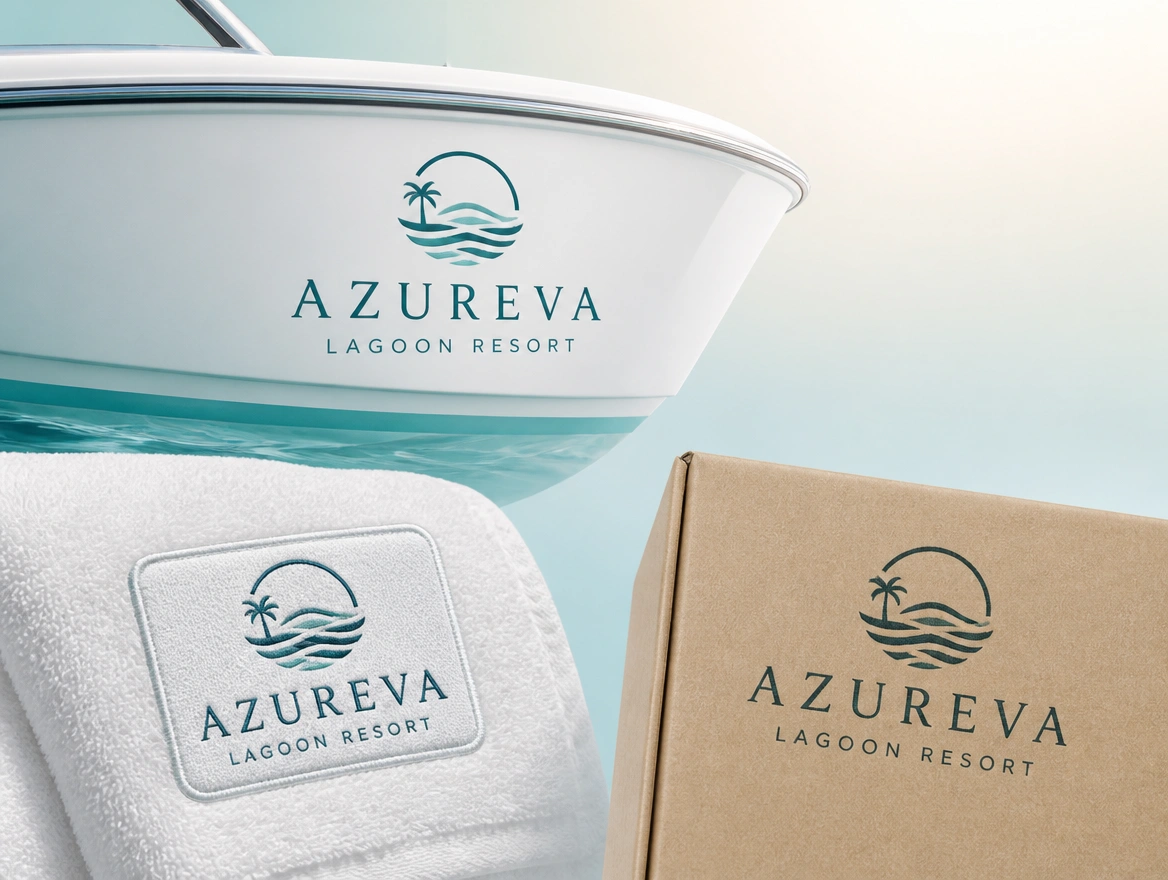 An outdoor decal proof, an embroidered patch and a print stamp for one business laid out together