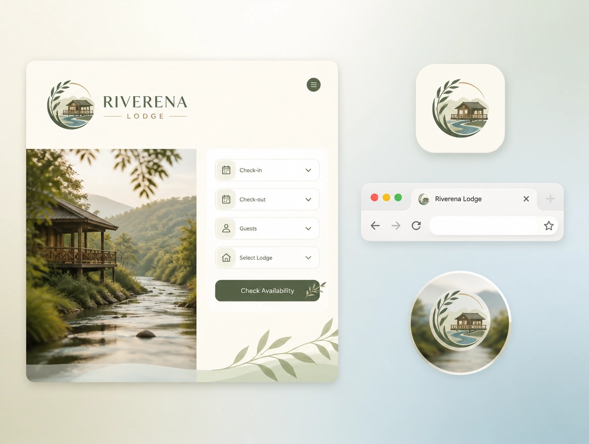A booking page icon, a favicon and a round profile picture for a river lodge sharing one logo