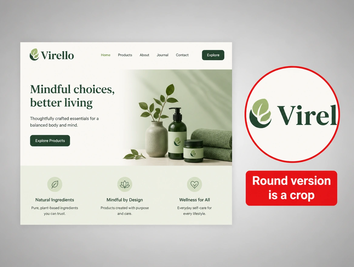 A circular placement filled with a crop of a wide logo so the name is cut, ringed in red