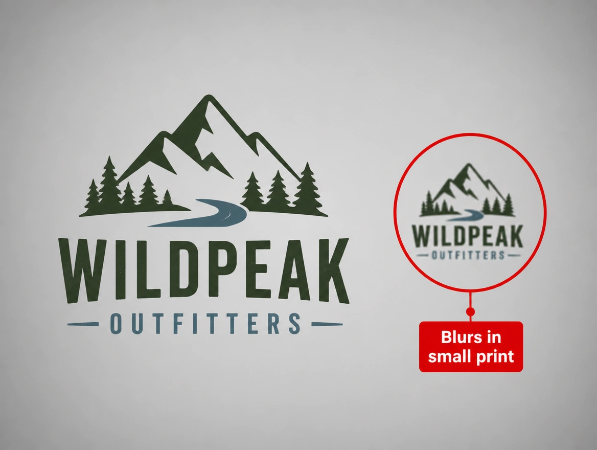 One logo holding up outdoors and blurring in small print, the small print ringed in red