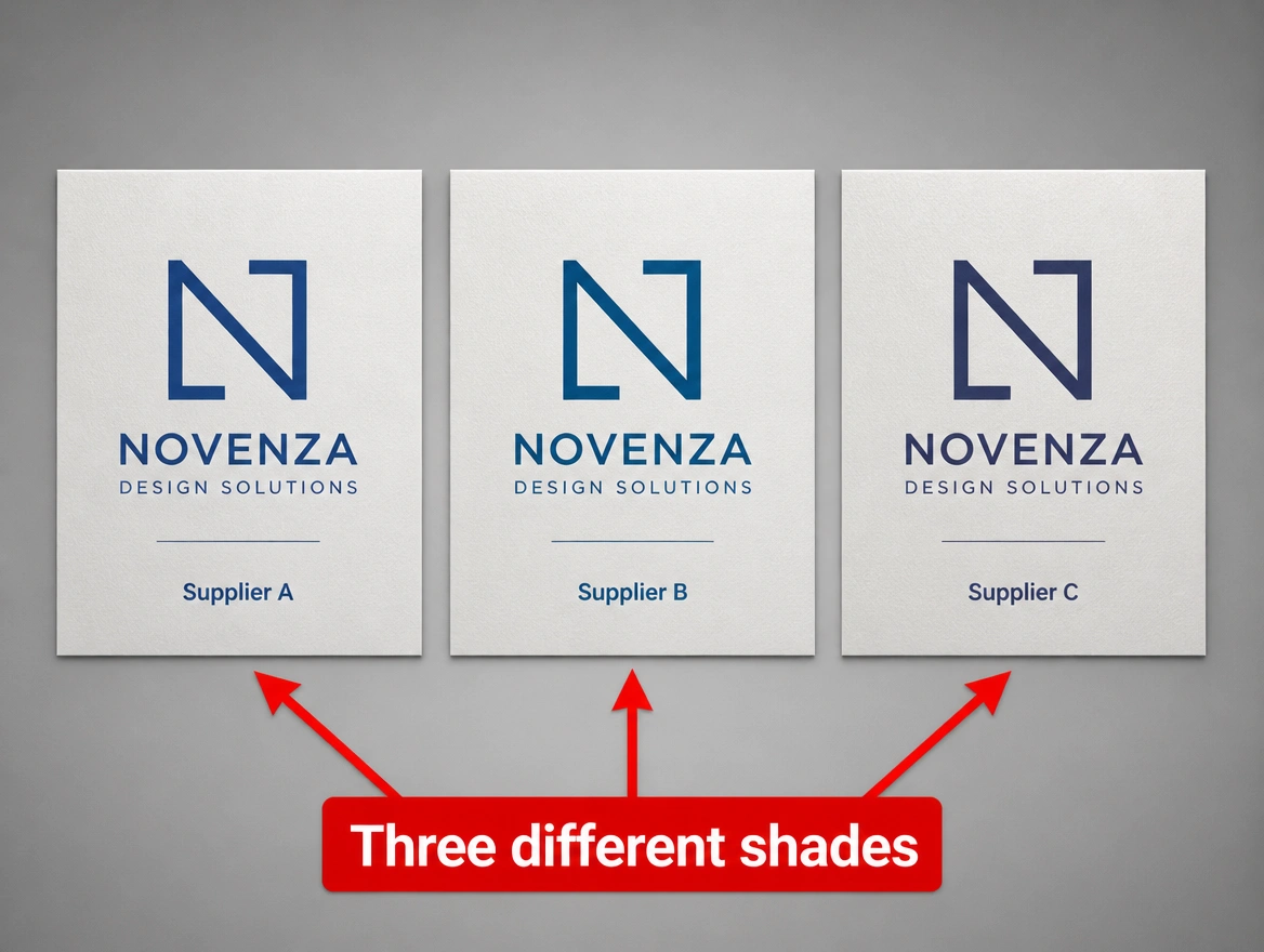 Three suppliers' prints of one logo, each a different shade, arrowed in red