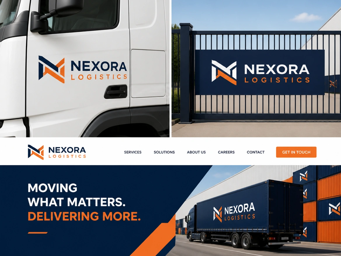 A logo presentation board showing one logo on a document, a sign and a website header