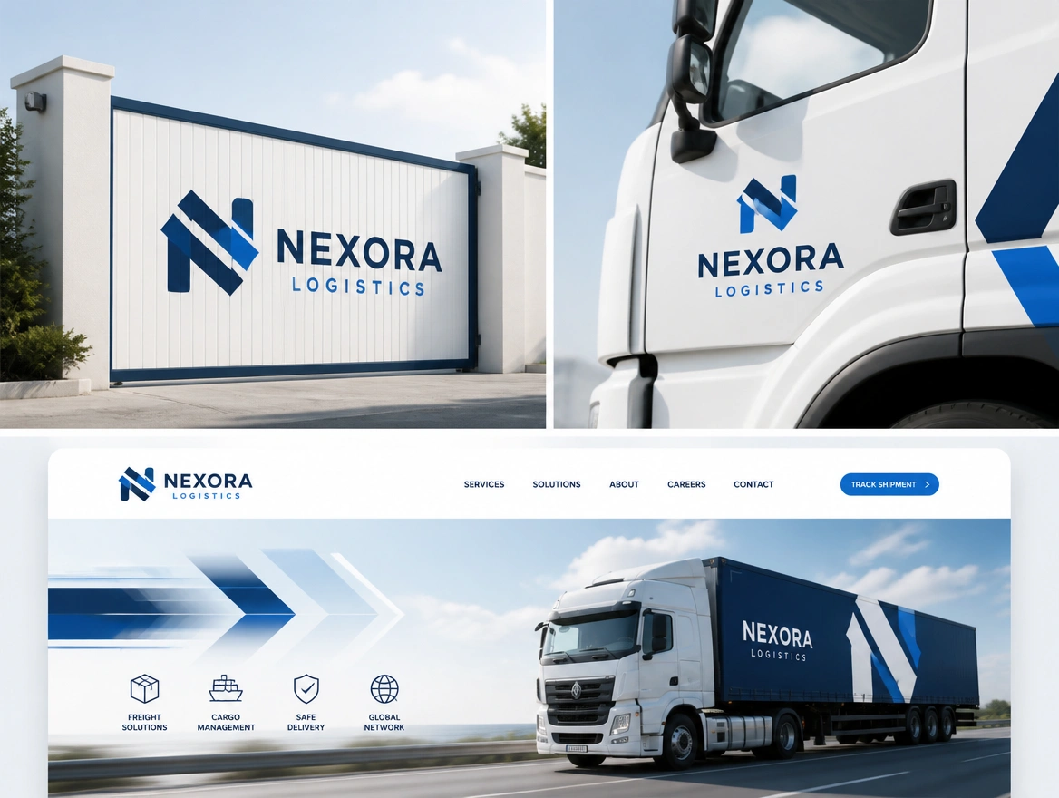 A logistics company logo shown on a painted gate sign, a truck door and a website header