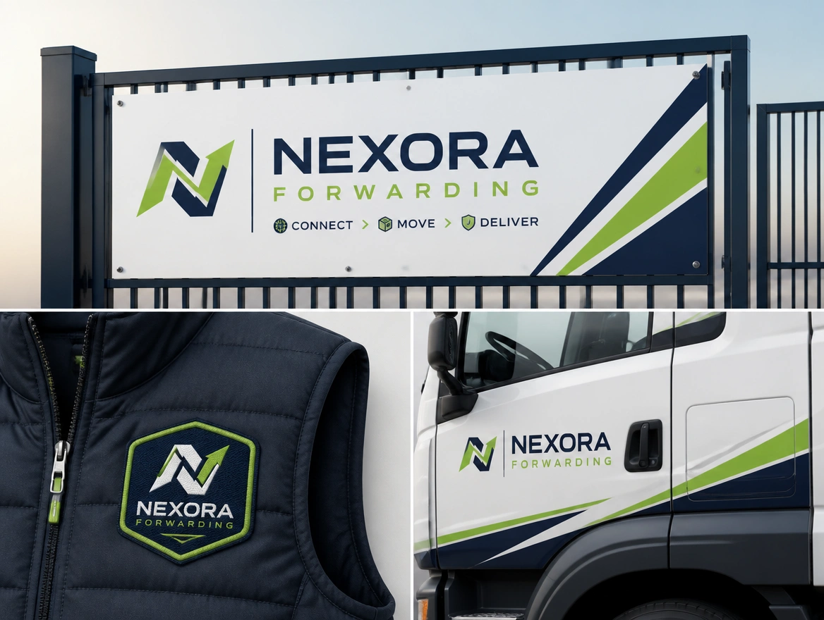 A gate sign proof, an embroidered vest patch and a truck door wrap for one forwarder laid out together