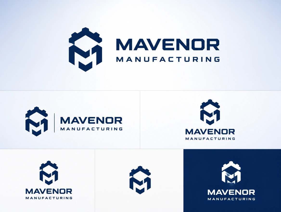 A sheet showing a manufacturing logo in wide, stacked, icon-only, one-colour and reversed versions