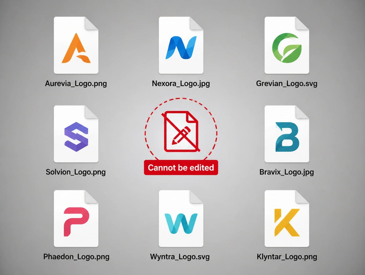 A folder where every logo entry is a flattened export and the editable file is absent, ringed in red