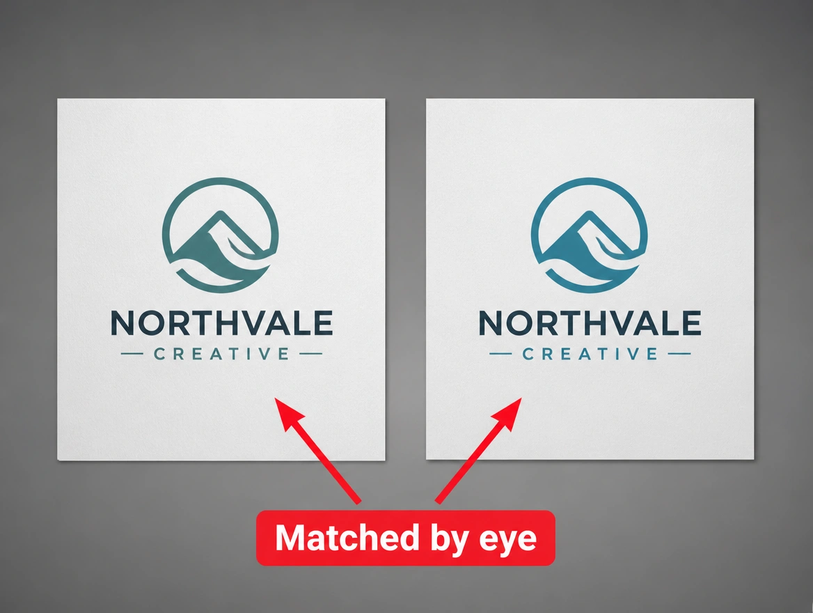 Two prints of one logo where the colour was matched by eye and missed, arrowed in red