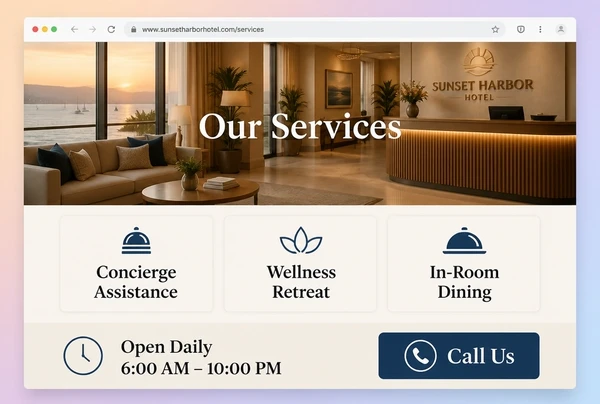 A boutique hotel website page showing the service, three service cards and the opening hours
