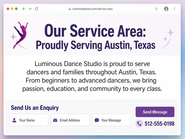 A dance studio service area page with a short intro and a three field enquiry block