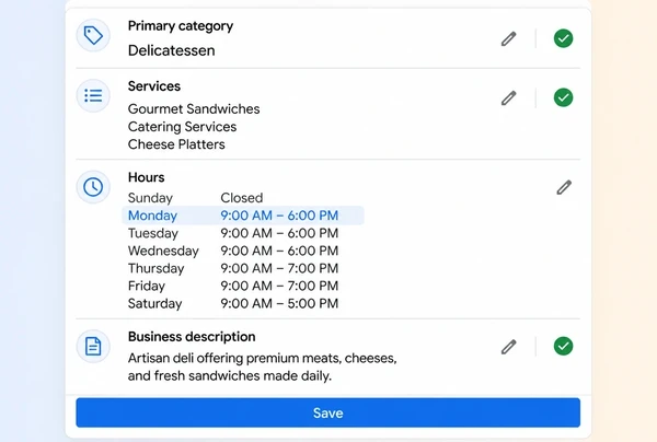 A Google Business Profile edit screen for a delicatessen with category, services, hours and description