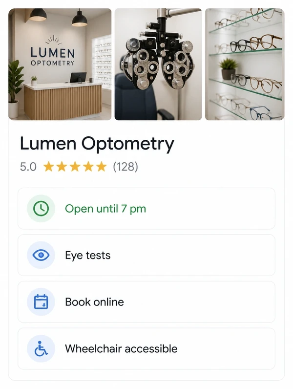 A Google Business Profile panel for an optometry practice with photos, rating and four rows