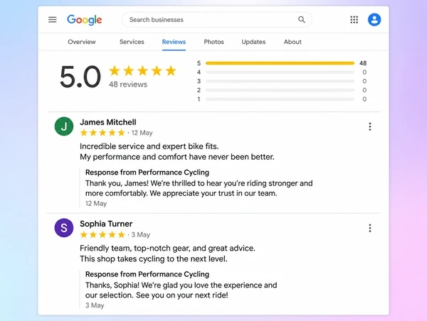 A Google Business Profile reviews screen for a performance cycling shop showing two reviews with owner replies