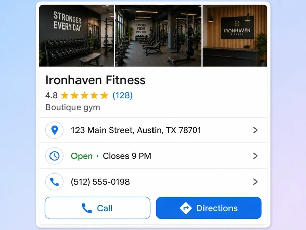 A Google Maps listing for a boutique gym showing rating, address, hours and a call button