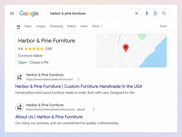 A Google results page where a furniture maker appears in the map result and two listings