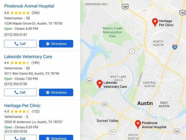 Map search results for a veterinary clinic showing ratings, hours and call and directions buttons.