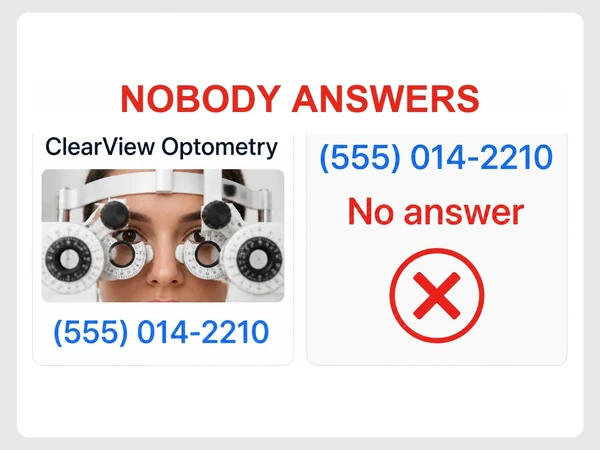 ClearView Optometry directory number leads to a phone screen showing No answer and a red X.