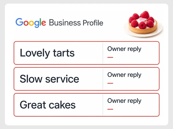 Maison Petal Google reviews show red dashes for owner replies to Lovely tarts, Slow service, and Great cakes.