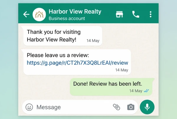 A WhatsApp Business chat where a real estate agency asks a customer for a review and they reply