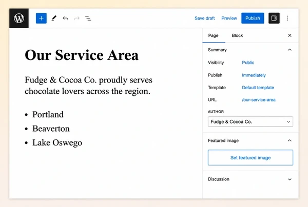 A WordPress editor showing a service area page being written for a chocolate maker