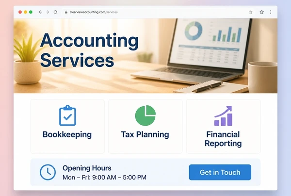 An accountancy practice website page showing the service, three service cards and the opening hours
