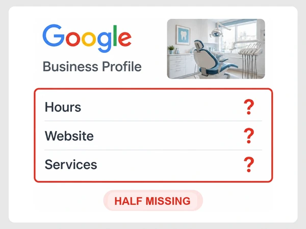 Brightside Dental shows red question marks for Hours, Website, and Services in its Google Business Profile.