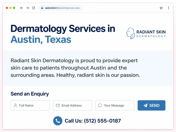 A dermatology clinic service area page with a short intro and a three field enquiry block