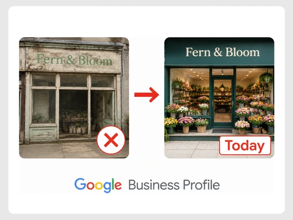 Fern & Bloom contrasts a faded Google Business Profile shopfront with its bright modern storefront today.