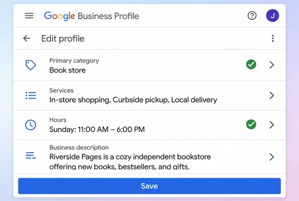A Google Business Profile edit screen for a bookshop with category, services, hours and description