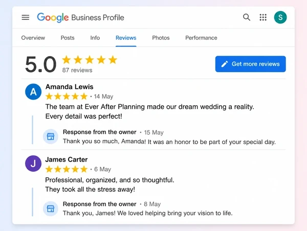 A Google Business Profile reviews screen for a wedding planner showing two reviews with owner replies