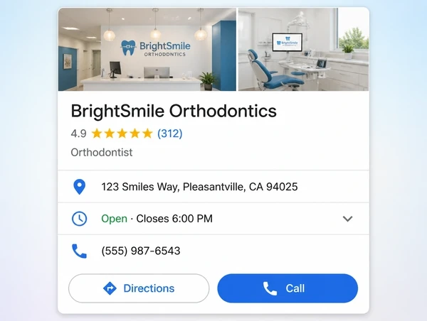 A Google Maps listing for an orthodontic practice showing rating, address, hours and a call button