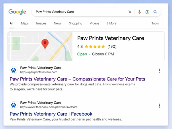 A Google results page where a veterinary practice appears in the map result and two listings
