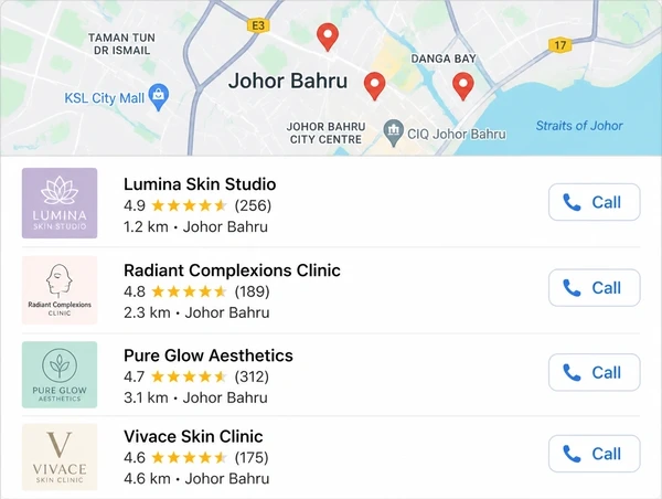 Map results for a skincare clinic in Johor Bahru with ratings, distances and call buttons