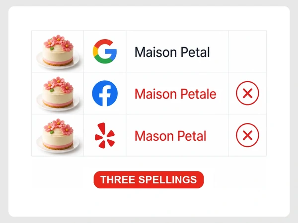 Google, Facebook, and Yelp list Maison Petal under three different spellings marked with red crosses.