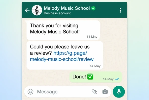 A WhatsApp Business chat where a music school asks a customer for a review and they reply