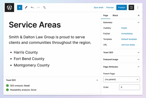 A WordPress editor showing a service area page being written for a law practice